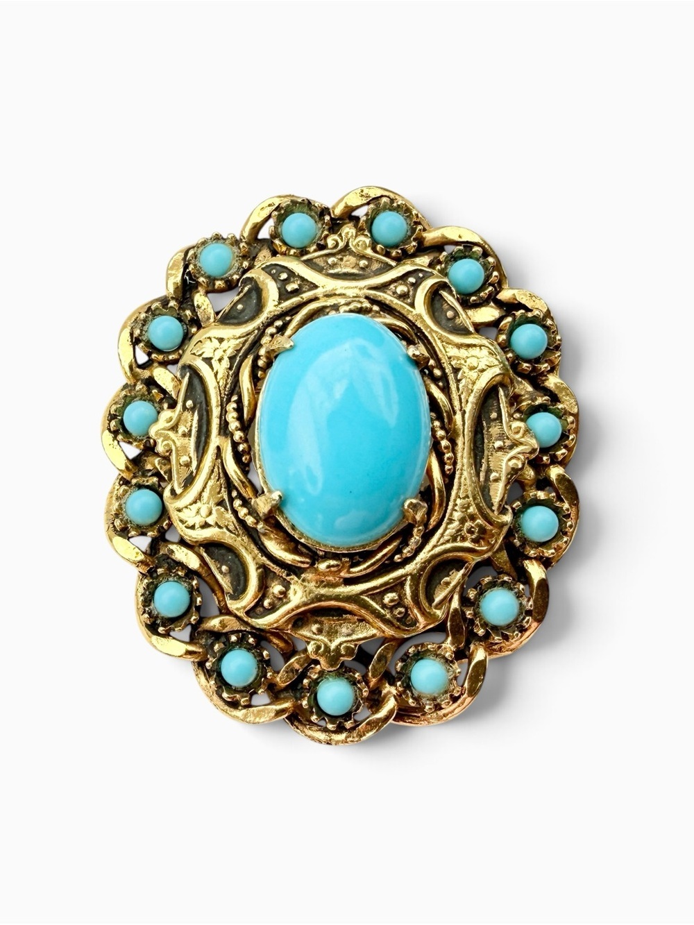 Large Vintage Ornate Goldtone Turquoise Milk Glass Cabochon Rhinestone Brooch